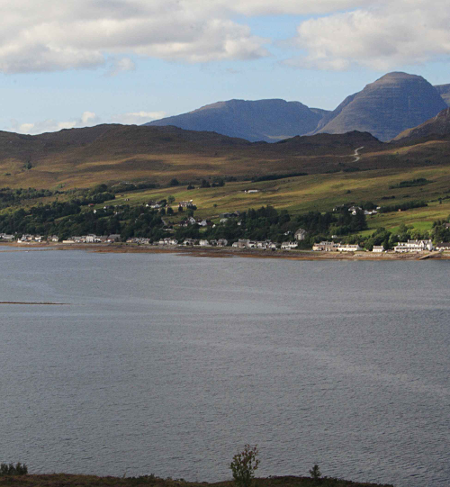 Village of Lochcarron from opposite side of Loch Carron